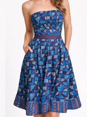Plenty by Tracy Reese Strapless Blue Pattern Cotton Dress – Size 6 ✨